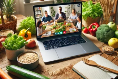 DALL·E 2025-01-15 13.52.47 - A visually engaging image representing an online training session about sustainable eating habits. The scene shows a laptop screen displaying a virtua
