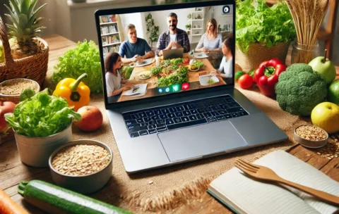 DALL·E 2025-01-15 13.52.47 - A visually engaging image representing an online training session about sustainable eating habits. The scene shows a laptop screen displaying a virtua