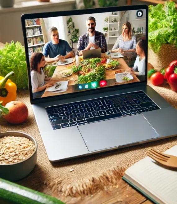 DALL·E 2025-01-15 13.52.47 - A visually engaging image representing an online training session about sustainable eating habits. The scene shows a laptop screen displaying a virtua